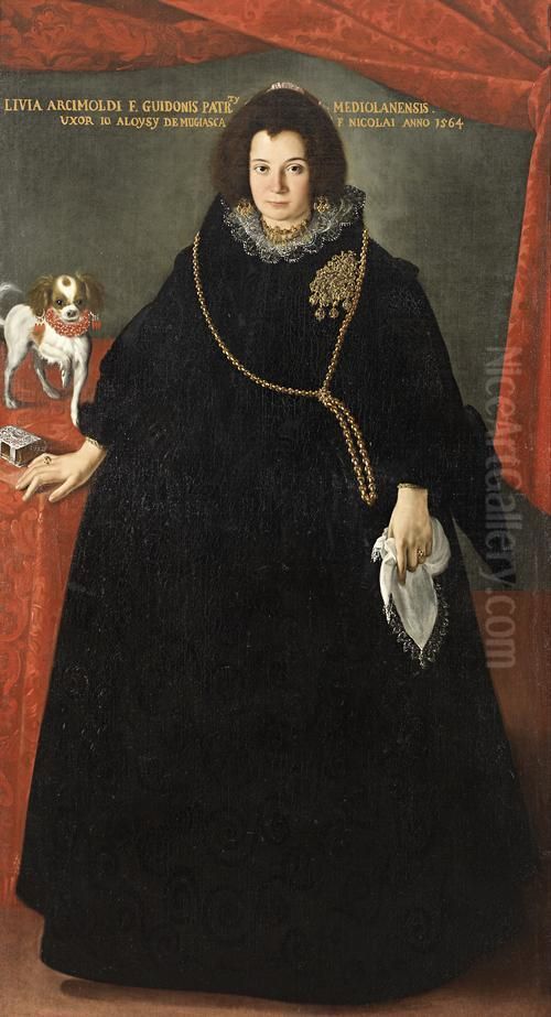 Portrait Of A Lady, Full-length,
 In A Blackdress With A Gold Chain And Brooch, A White Handkerchief In 
Herleft Hand, Standing Beside A Lap Dog And A Sliver-bound Prayer Bookon
 A Table Draped With A Red Cloth Oil Painting by Pier Francesco Cittadini