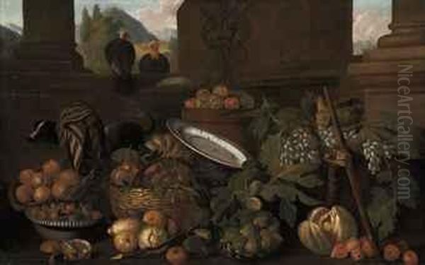 Peaches, Pears, Apples, Lemons, 
Figs And Grapes, In Baskets, With Adog And Two Turkeys, In A Classical 
Architectural Setting, Alandscape Beyond Oil Painting by Pier Francesco Cittadini