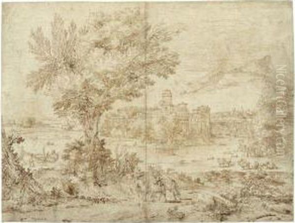 An Extensive Landscape, Two Riders In The Foreground, Afortified Town On A River Beyond Oil Painting by Pier Francesco Cittadini