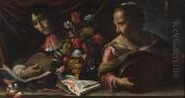 Un Vaso Di Fiori Tra Due Concertisti Oil Painting by Pier Francesco Cittadini