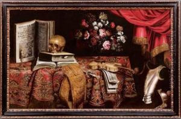 Natura Morta Con Libri, Teschio, Un Violino E Un Vaso Di Fiori Su Un Tappeto Oil Painting by Pier Francesco Cittadini