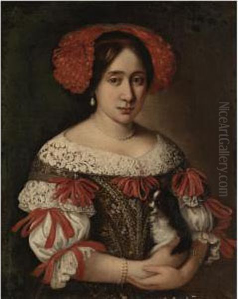Portrait Of A Lady, Half-length,
 Wearing An Elaborately Embroidered Dress With Red Ribbons And A Red 
Ribboned Headdress And Holding A Dog Oil Painting by Pier Francesco Cittadini