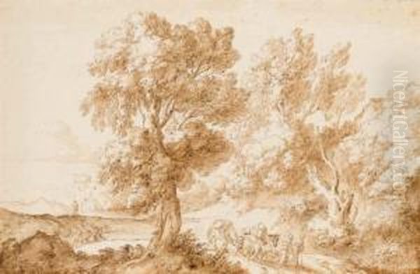Deux Voyageurs Sur Un Chemin Avec Chevaux Et Moutons Dans Un Paysage Arbore Oil Painting by Pier Francesco Cittadini
