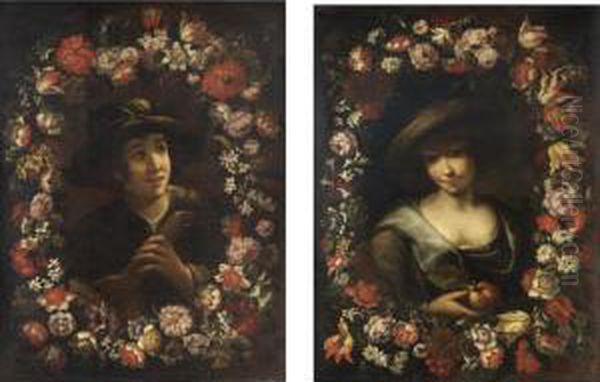 Ghirlanda Di Fiori Con Suonatore;ghirlanda Di Fiori Con Contadina Oil Painting by Pier Francesco Cittadini