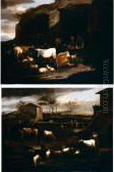 Paesaggi Con Armenti, Gregge, Pastori E Casolari Oil Painting by Pier Francesco Cittadini