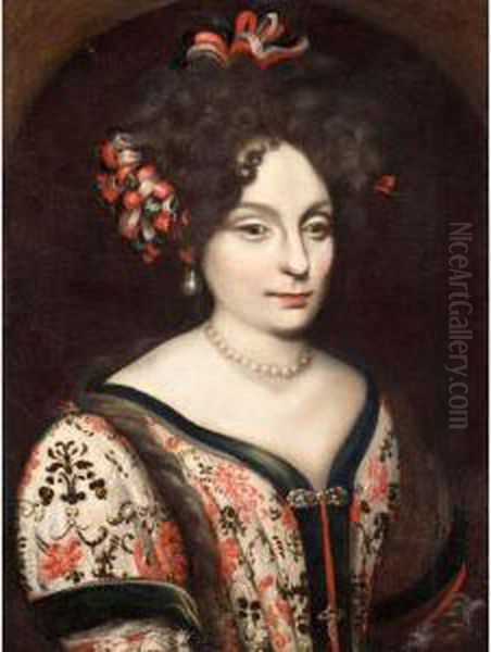 Portrait Of A Lady, Half Length,
 Wearing Ribbons In Her Hair And A White Embroidered Dress Oil Painting by Pier Francesco Cittadini