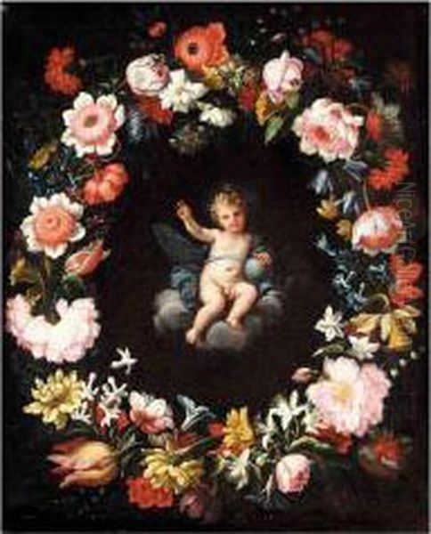 The Christ Child Surrounded By A Floral Garland Oil Painting by Pier Francesco Cittadini