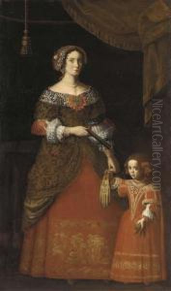 Double Portrait Of A Lady And 
Her Daughter, Both Full-length, In Red Embroidered Dresses, A Green 
Curtain Above Oil Painting by Pier Francesco Cittadini