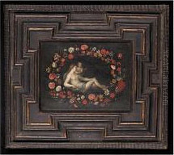 Venus And Cupid Within A Floral Garland Oil Painting by Pier Francesco Cittadini