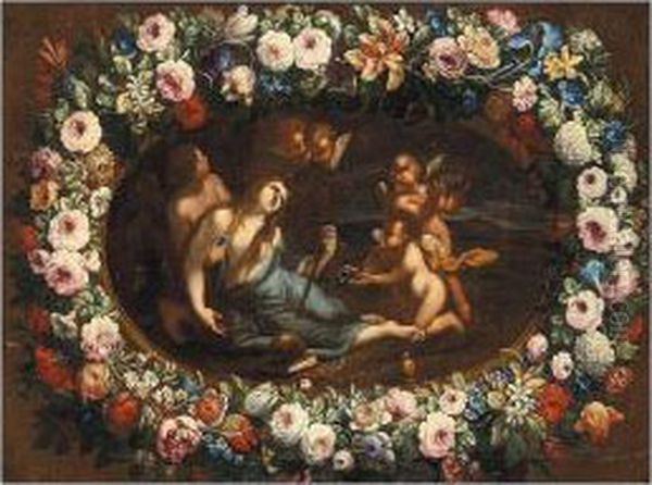 The Penitent Magdalene Presented
 With The Instruments Of The Passion By Angels, Within A Garland Of 
Flowers Oil Painting by Pier Francesco Cittadini