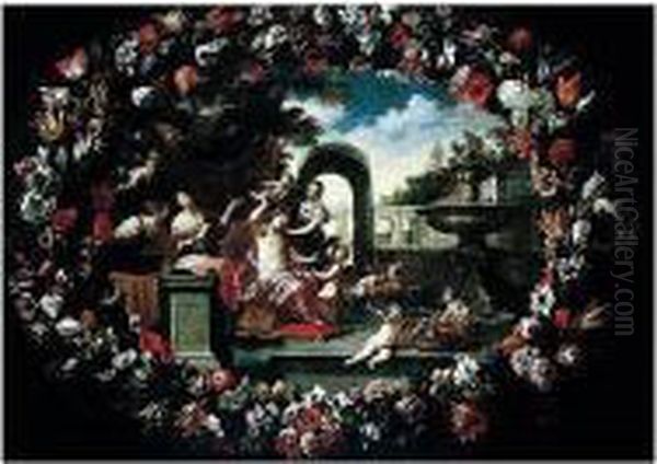 A Garland Of Flowers, Surrounding A Scene Illustrating The Toilet Of Venus Oil Painting by Pier Francesco Cittadini