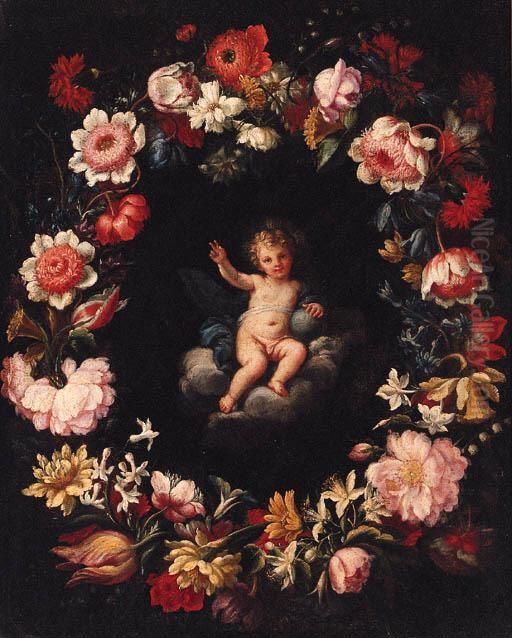 The Infant Christ In A Medallion Surrounded By A Garland Offlowers Oil Painting by Pier Francesco Cittadini