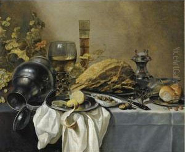 A Still Life With An Overturned 
Pewter Jug, A Roemer And A Blue Lined Beer Glass, Surrounded By Grapes 
And Leaves, A Pewter Plate With A Ham, A Salt Cellar, A Roll And A 
Sliced Lemon On Pewter Plates With Olives In A Porcelain Bowl Oil Painting by Pieter Claesz.