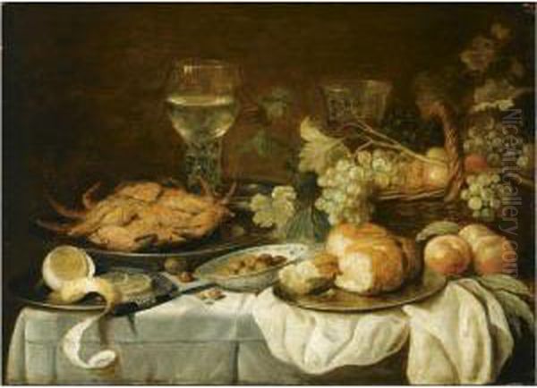 Still Life With A Roemer, A 
Crab, A Half-peeled Lemon, And A Bread Roll On Pewter Plates, A Basket 
With Fruit, And A Chinese Bowl With Olives, All Arranged On A Draped 
Table Oil Painting by Pieter Claesz.