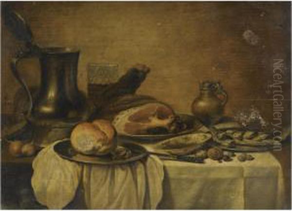 Still Life With A Pewter Jug, A 
Beaker Of Beer, A Cooked Ham, Abread Roll On A Pewter Plate, Together 
With Other Objects Allarranged On A Table Partly Draped In A White Cloth Oil Painting by Pieter Claesz.