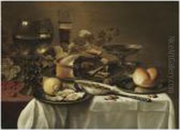 Still Life With A Large Roemer, A
 Half-filled Beer Glass, A Tazza,a Pie, A Bread Roll On A Pewter Plate, 
Along With Some Olives In Aceramic Bowl, A Lemon, Some Oysters And Other
 Objects All Arrangedon A Partly Draped Table Top Oil Painting by Pieter Claesz.