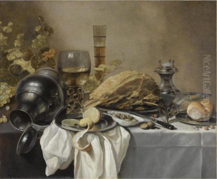 A Still Life With An Overturned 
Pewter Jug, A Roemer And A Bluelined Beer Glass, Surrounded By Grapes 
And Leaves, A Pewter Platewith A Ham, A Salt Cellar, A Roll And A Sliced
 Lemon On Pewterplates With Olives In A Porcelain Bowl Oil Painting by Pieter Claesz.