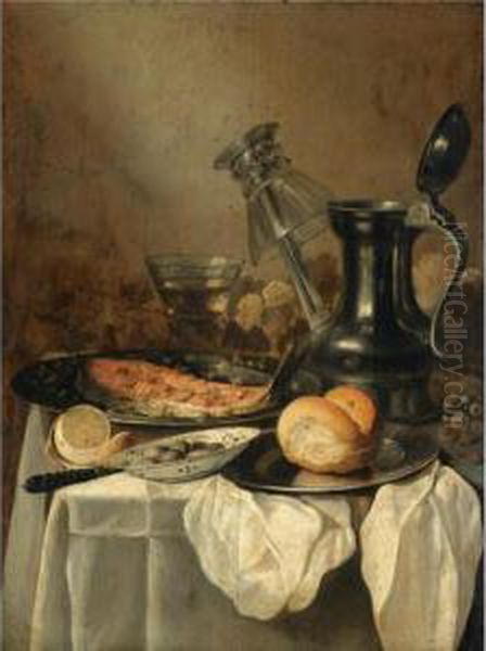 Still Life With A Pewter Flagon 
And Upturned Wineglass, A Slice Of Salmon, A Partly Peeled Lemon, Some 
Green Olives In A Blue And White Porcelain Bowl And A Bread Roll On A 
Pewter Plate, All Arranged On A Partly Draped Tabletop Oil Painting by Pieter Claesz.