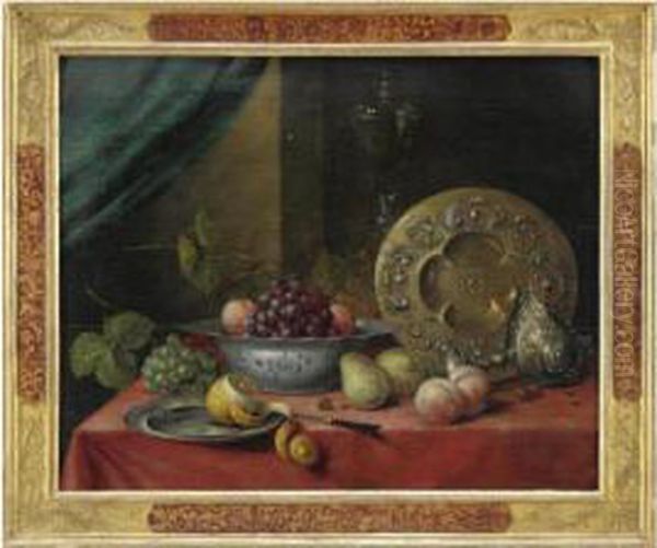 Natura Morta Con Pesche, Pere, 
Uva, Un Limone Tagliato, Una Ciotola Di Maiolica E Una Brocca Con 
Vassoio Cesellati Oil Painting by Pieter Claesz.