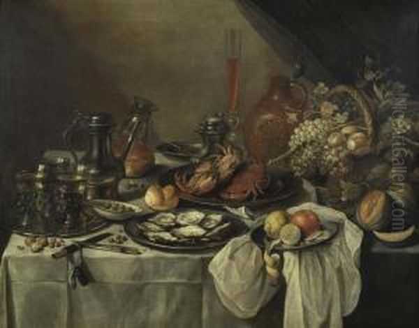 Reiche Tafel Mit Drei 
Weingefullten Berkemeyern, Zinnkanne, Austern, Seekrabben, Bartmannkrug 
Und Fruchtekorb. 1657. Oil Painting by Pieter Claesz.