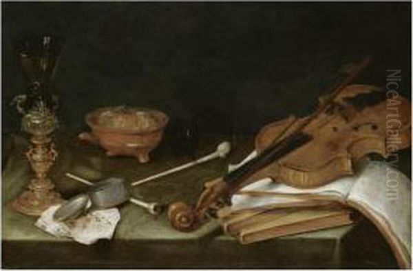 Still Life With Smoking 
Implements, A Gilt Glass Holder, A Violin And A Pile Of Books: 'the Five
 Senses' Oil Painting by Pieter Claesz.
