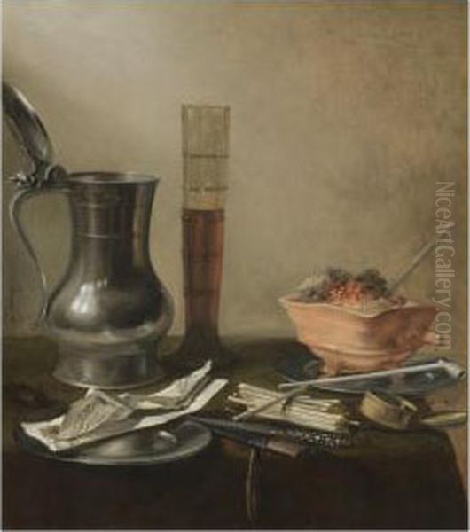 A Still Life Of A Pewter Flagon,
 A Tall Glass, A Chafing-dish And Smokers' Requisites, All On A Draped 
Table Oil Painting by Pieter Claesz.