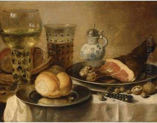 A Still Life Of A Roemer, A Beer
 Glass, A Ham And A Bread Roll On Pewter Plates, A Stoneware Jug And A 
Knife Together With Walnuts And Hazelnuts, All On A Table Draped With A 
White Cloth Oil Painting by Pieter Claesz.
