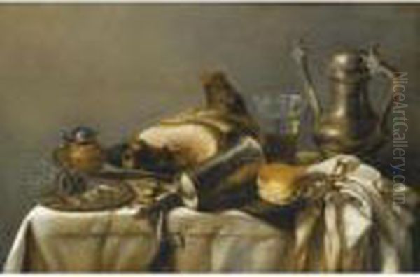 A Still Life With A Leg Of Ham Upon A Pewter Plate, A Pewter Kanne And A Roemer Oil Painting by Pieter Claesz.