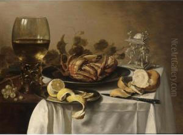A Still Life With A Roemer, A 
Crab And A Peeled Lemon On A Pewter Plate, A Bunch Of Grapes, A Bun And 
Knife With An Elaborate Dutch Silver Salt Cellar, On A Draped Table Oil Painting by Pieter Claesz.