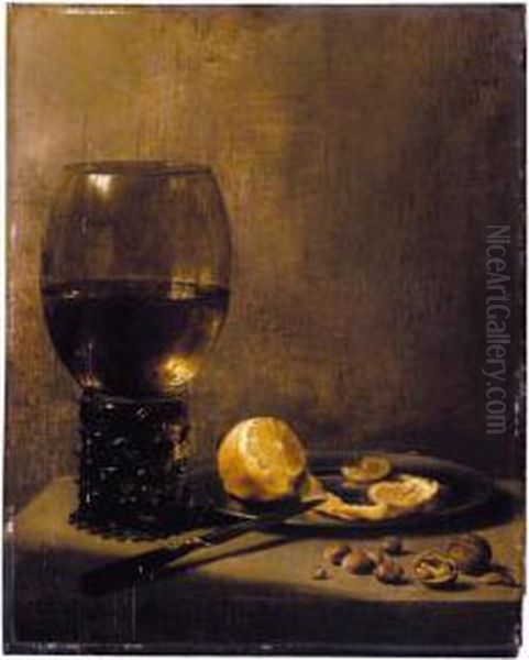 A Still Life With A Large 
Roemer, A Knife Resting On A Silver Plate Bearing A Partly-peeled Lemon,
 Walnuts And Hazelnuts, On A Marble Ledge Oil Painting by Pieter Claesz.
