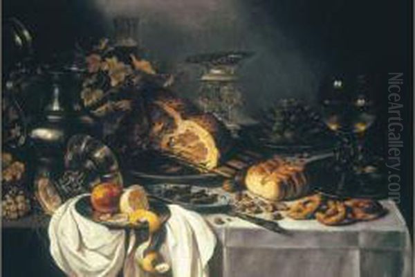 Table Dressee Avec Pichet En 
Etain, Coupe A Godrons Renversee, Flute, Saliere Ouvragee, Rohmer, 
Jambon, Artichaut Et Pain. Oil Painting by Pieter Claesz.