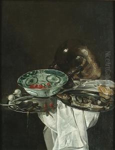 A Silver Salva With A Fish, 
Strawberries In A Wan-li Kraakware Dish, An Overturned Roemer And A 
Silver Tazza On A Draped Table Top Oil Painting by Pieter Claesz.