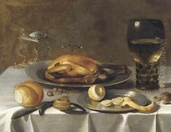 A Roemer Of Wine, A Turkey And A
 Partly-peeled Lemon On Pewterdishes, Bread And Hazelnuts On A Draped 
Table Oil Painting by Pieter Claesz.
