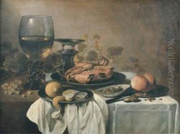 A Crab On A Pewter Plate, A 
Roemer, A Partly-peeled Lemon On Apewter Platter, A Bowl Of Olives, A 
Bread Roll And A Knife On Apewter Plate With Grapes, Walnuts And 
Hazelnuts On A Partly-drapedtable Oil Painting by Pieter Claesz.