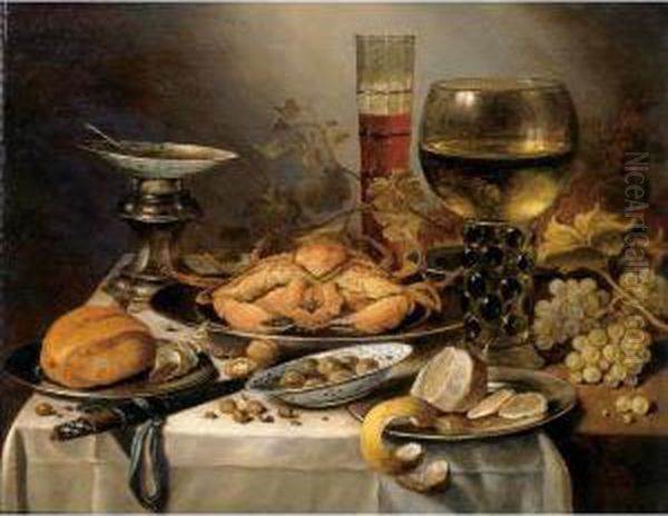 Banquet Still Life With A Crab 
On A Silver Platter, A Bunch Of Grapes, A Bowl Of Olives, And A Peeled 
Lemon All Resting On A Draped Table Oil Painting by Pieter Claesz.