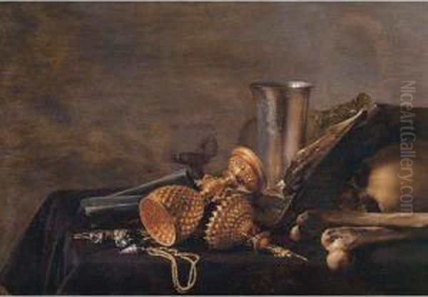 Still Life Of A Dutch Silver 
Beaker, A Roemer, Shells, An Overturned Gilt Cup With Its Cover Nearby, A
 Gilt Chain, An Open Book And A Skull All Resting On A Draped Table Oil Painting by Pieter Claesz.