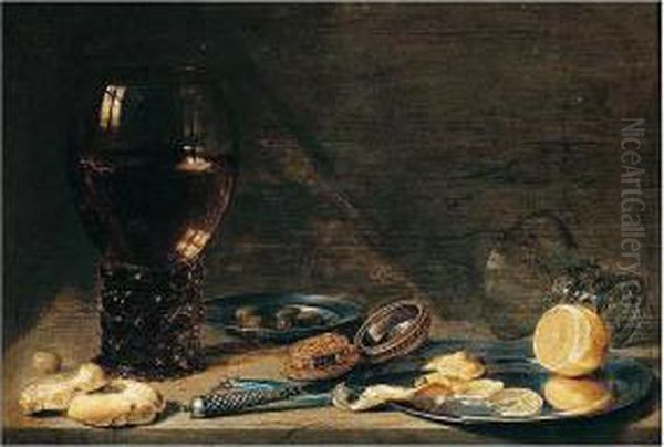 A Still Life Of A Roemer, Pewter
 Plates Bearing Olives And Lemons, A Watch And Other Objects On A Stone 
Ledge Oil Painting by Pieter Claesz.