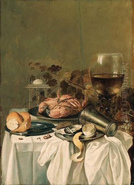 A Crab On A Pewter Dish, An 
Oyster, A Partly Peeled Lemon And Atwist Of Pepper With An Overturned 
Beaker On A Pewter Platter, Aroll And A Knife On A Pewter Plate, A 
Roemer, A Salt, Vine Leaves,grapes And Hazelnuts On A Covered Table Oil Painting by Pieter Claesz.