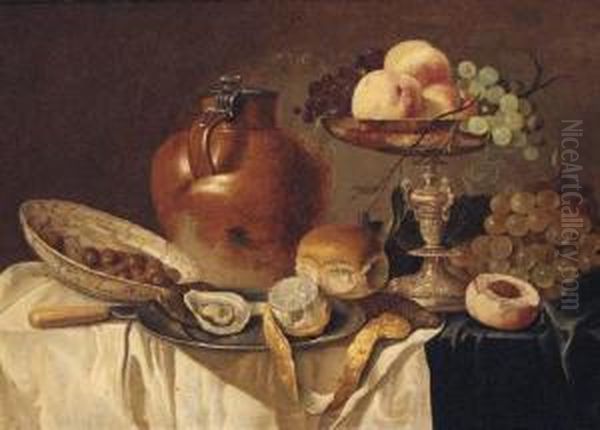 An Oyster And A Peeled Lemon On A
 Pewter Plate, A Bread Roll, Astoneware Jug, A Knife, A Bowl Of Olives, 
Peaches And Grapes On Asilver-gilt Tazza, On A Draped Table Oil Painting by Pieter Claesz.