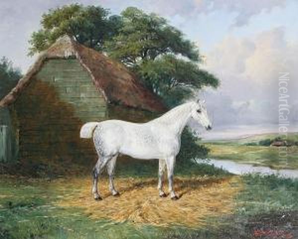 A Dappled Grey Hunter In A Riverside Paddock Oil Painting by A. Clark