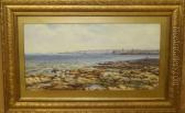 Rocky Coastal View With Mussel Gatherers Inforeground Oil Painting by Joseph Dixon Clark