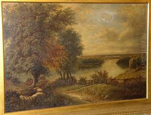 A Country Path Down To The River
 With City Beyond, Signed And Dated 'o.t. Clark 84', Oil On Canvas Oil Painting by Octavius Thomas Clark