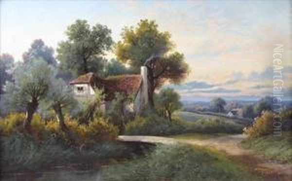 Figure On Ariverside Path Before
 A Whitewashed Cottage; Half-timber Cottagewith Stream And Plank Bridge 
To Foreground Oil Painting by Octavius Thomas Clark