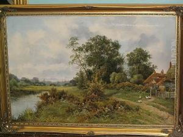 Wooded River Landscape With Girl
 At A Cottage Gate; And Another, Wooded River Landscape With Ducks 
Before A Cottage Oil Painting by Octavius Thomas Clark