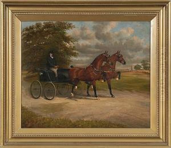 Pair
Of Bay Hackney Horses Pulling A Gig Oil Painting by William Clark Of Greenock