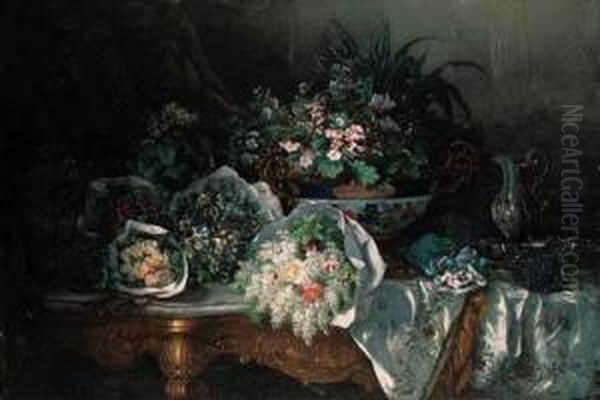Bouquets Of Flowers, An Imari 
Bowl, A Silver Ewer With Stand Andsugared Almonds On A Draped Marble 
Table Oil Painting by Eugene Claude