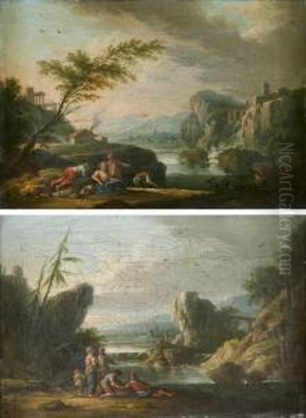 Paysages De Riviere Avec Des Pecheurs Et Promeneurs
 Paire De Toiles Oil Painting by Jean-Baptiste Claudot De Nancy
