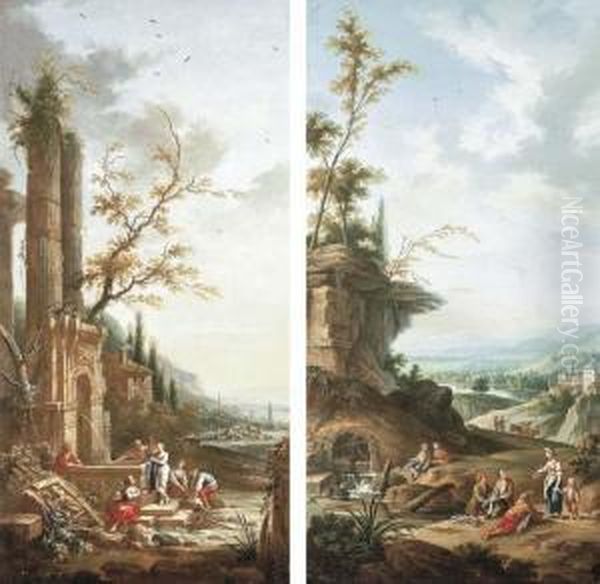 A Landscape With Peasants 
Washing Laundry At A Fountain; And Alandscape With Peasants Fishing And 
Resting By A River Oil Painting by Jean-Baptiste Claudot De Nancy