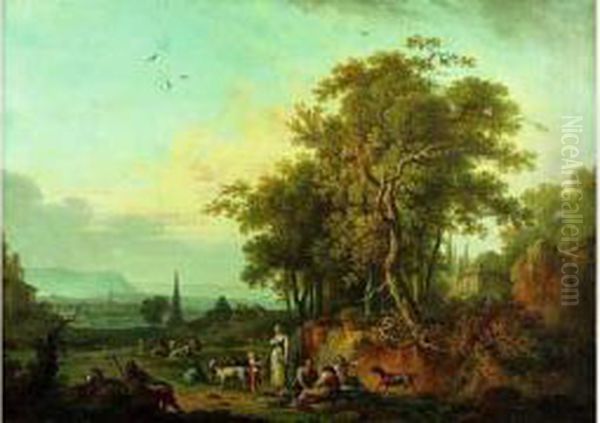 Paysans Et Leur Troupeau Se Reposant Dans Un Vaste Paysage Lacustre Oil Painting by Jean-Baptiste Claudot De Nancy