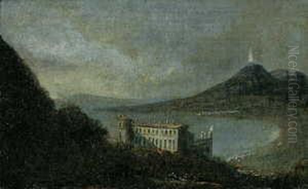 Blick Auf Die Villa Quisisana 
Und Den Golf Von Neapel. Im Hintergrund Der Rauchende Vesuv. Oil Painting by Johan Christian Clausen Dahl
